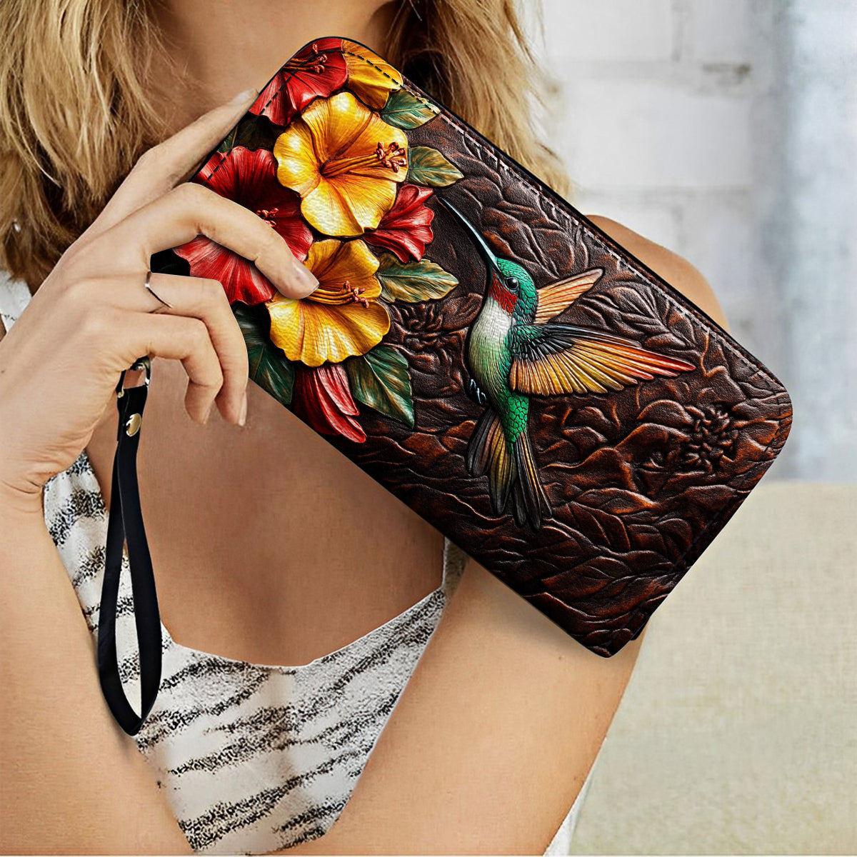 Shineful Leather Clutch Purse With Wristlet Strap Handle Hummingbird Blossom