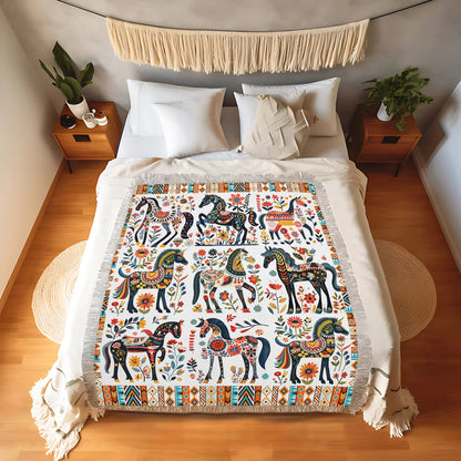 Shineful Woven Tapestry Throw Blanket - Horse Floral Pattern