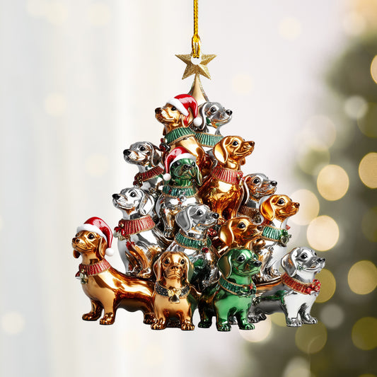 Glänzendes 2D-Ornament aus Acryl – Weihnachtsbaum mit Dackelmotiv in Metallic-Optik 