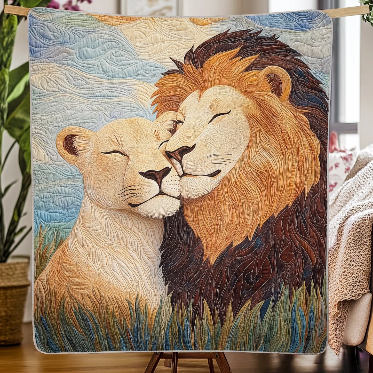 Shineful Flat Print Faux Quilt Blanket - Loving Lions Embraced in Serengeti Serenity