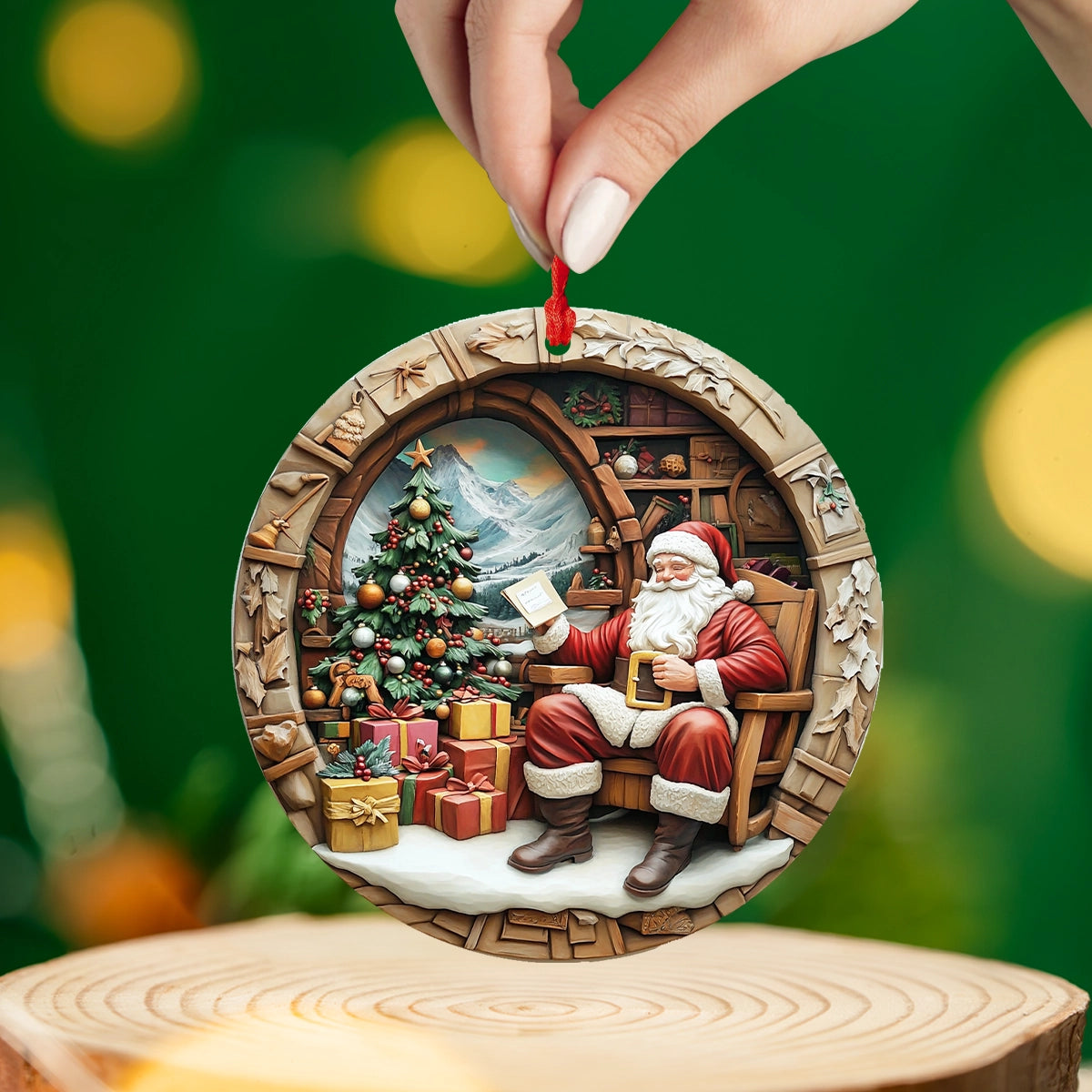 Shineful 2D Acrylic Ornament Cozy Cabin Santa