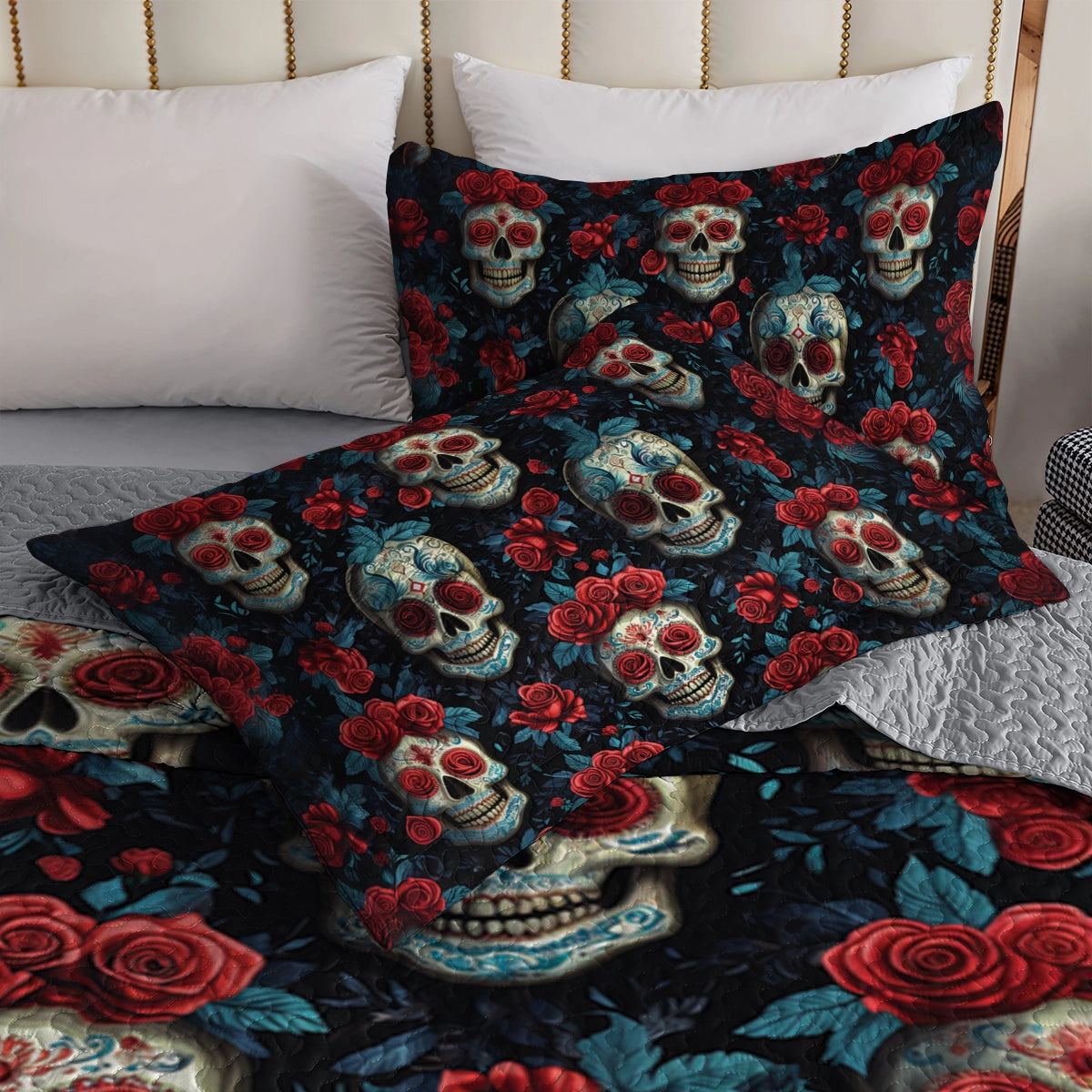 Shineful All Season Quilt 3-Piece Set - Sugar Skull & Roses Noir