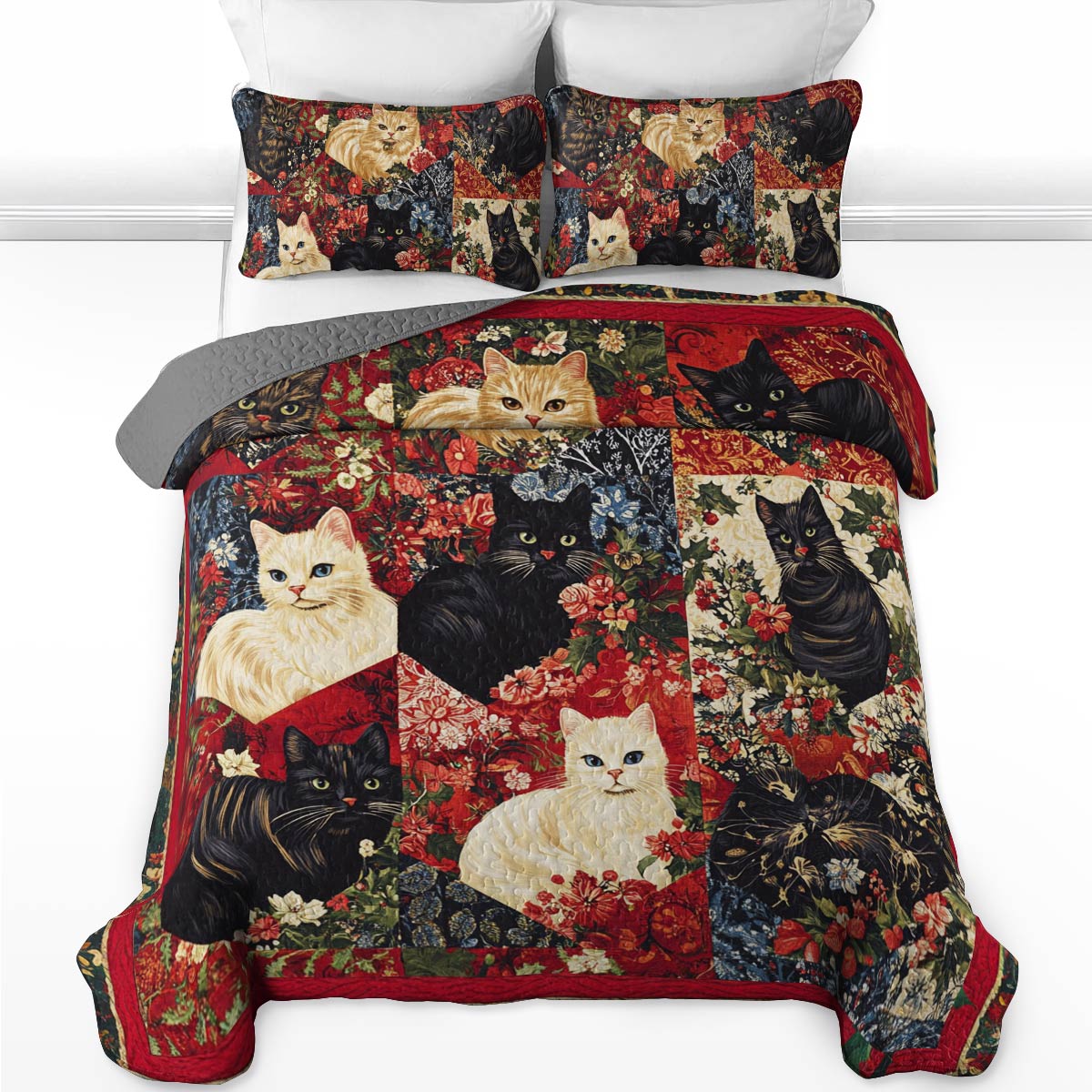 Ensemble de courtepointe toutes saisons Shineful 3 pièces à motifs de chats floraux vintage