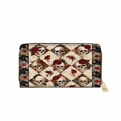 Shineful Leather Clutch Purse With Wristlet Strap Handle Charming Skull Roses