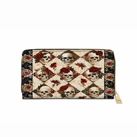 Shineful Leather Clutch Purse With Wristlet Strap Handle Charming Skull Roses