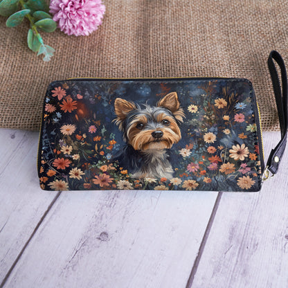 Shineful Leather Clutch Purse With Wristlet Strap Handle Enchanted Yorkie Bloom