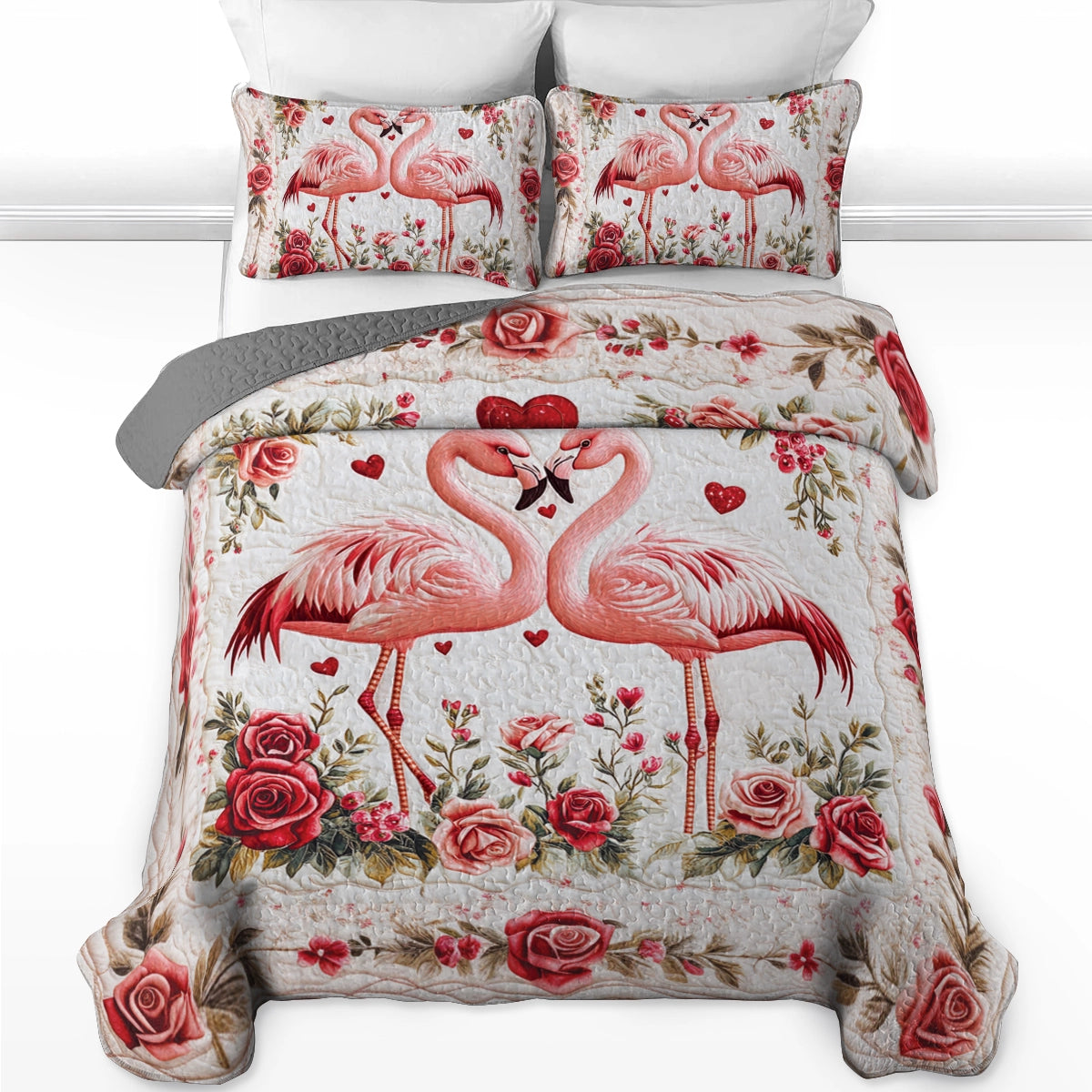 Shineful All Season Quilt 3-Piece Set Valentine Flamingo Romance