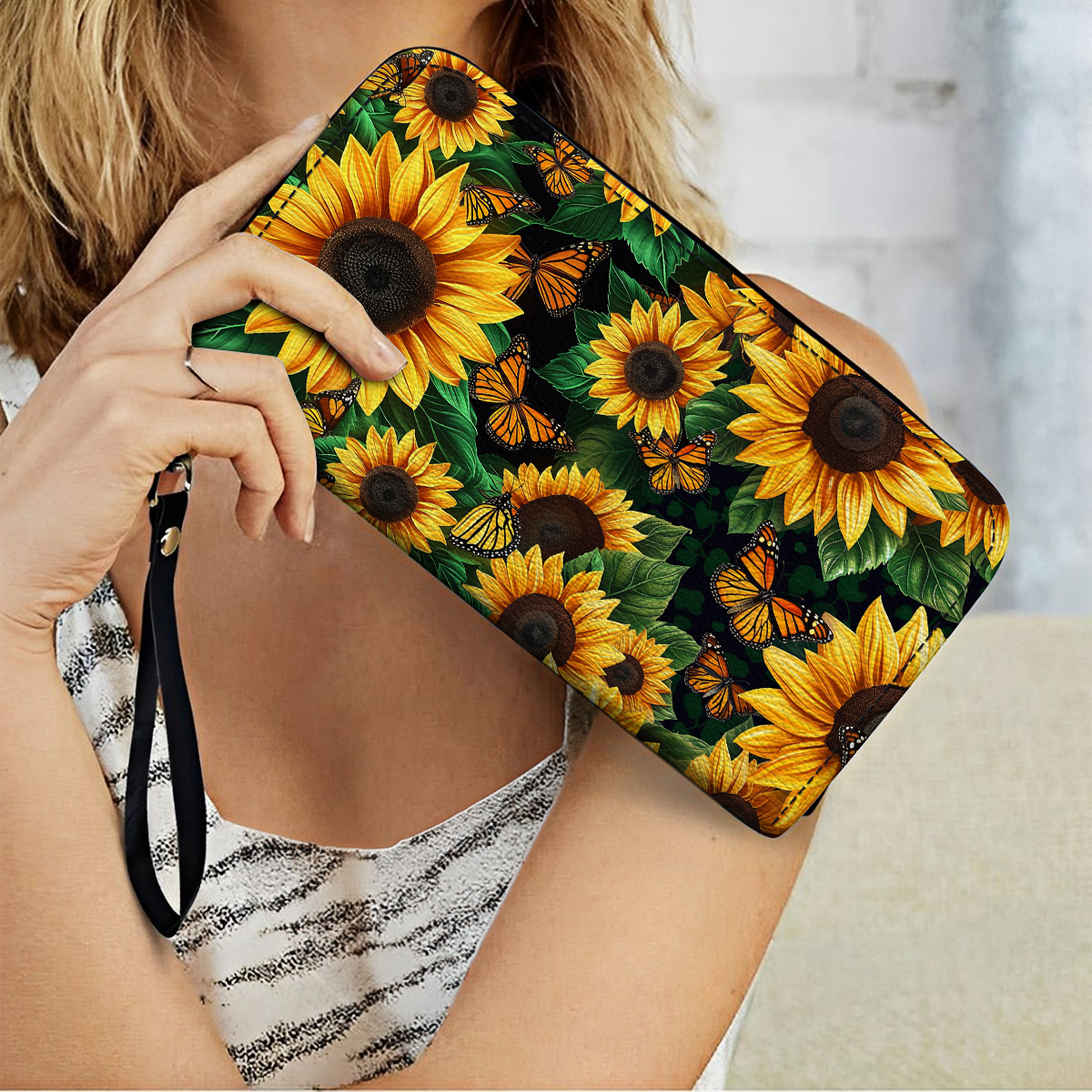 Shineful Leather Clutch Purse With Wristlet Strap Handle Sunflower Mama