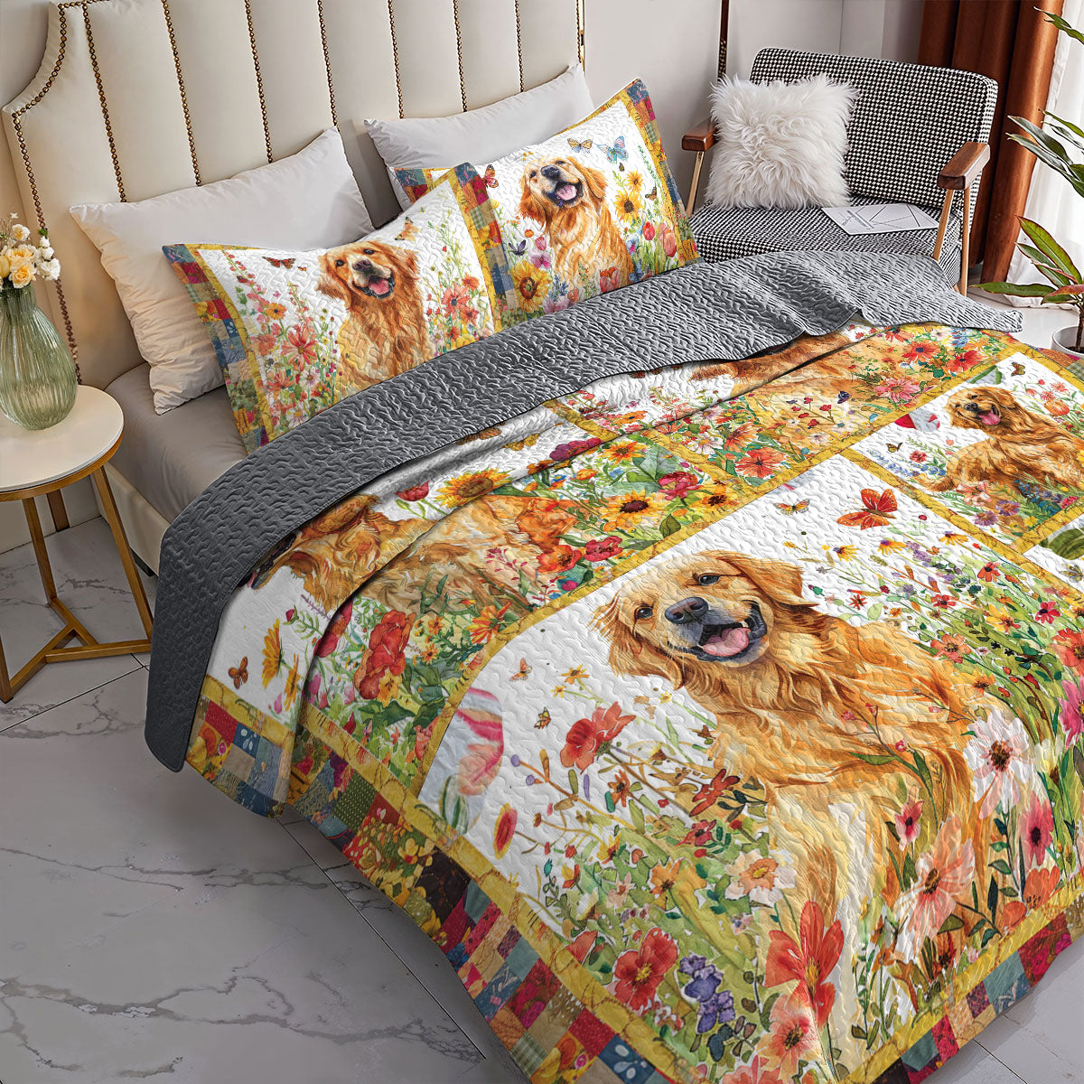 Shineful All Season Quilt 3-Piece Set Bloom Garden Golden Retriever