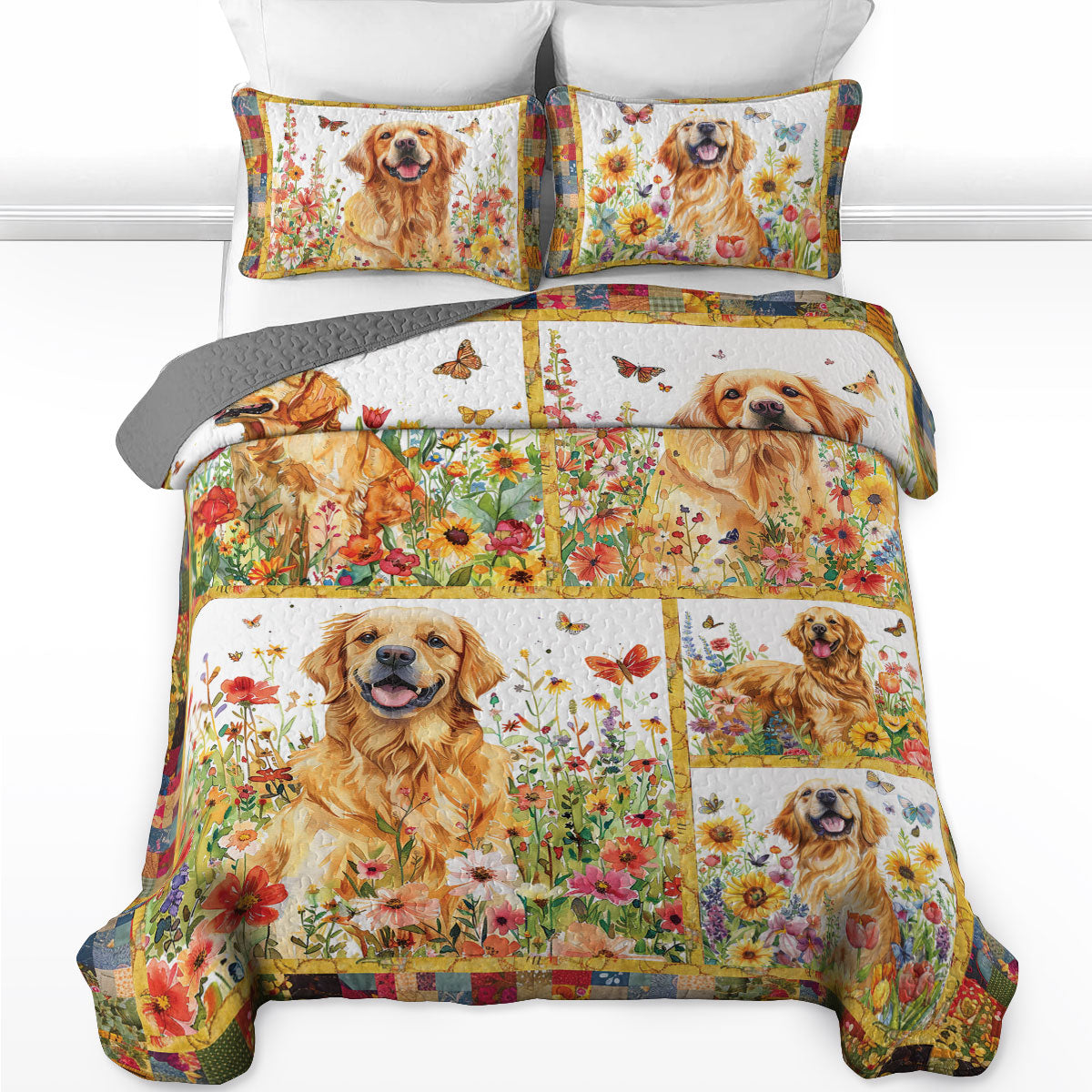 Shineful All Season Quilt 3-Piece Set Bloom Garden Golden Retriever