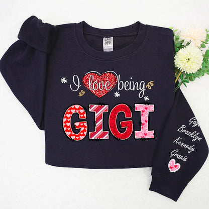 Shineful Fleece Crewneck Sweatshirt Personalized I Love Being Gigi Heart With Grandkids Names On Sleeve Sweatshirt