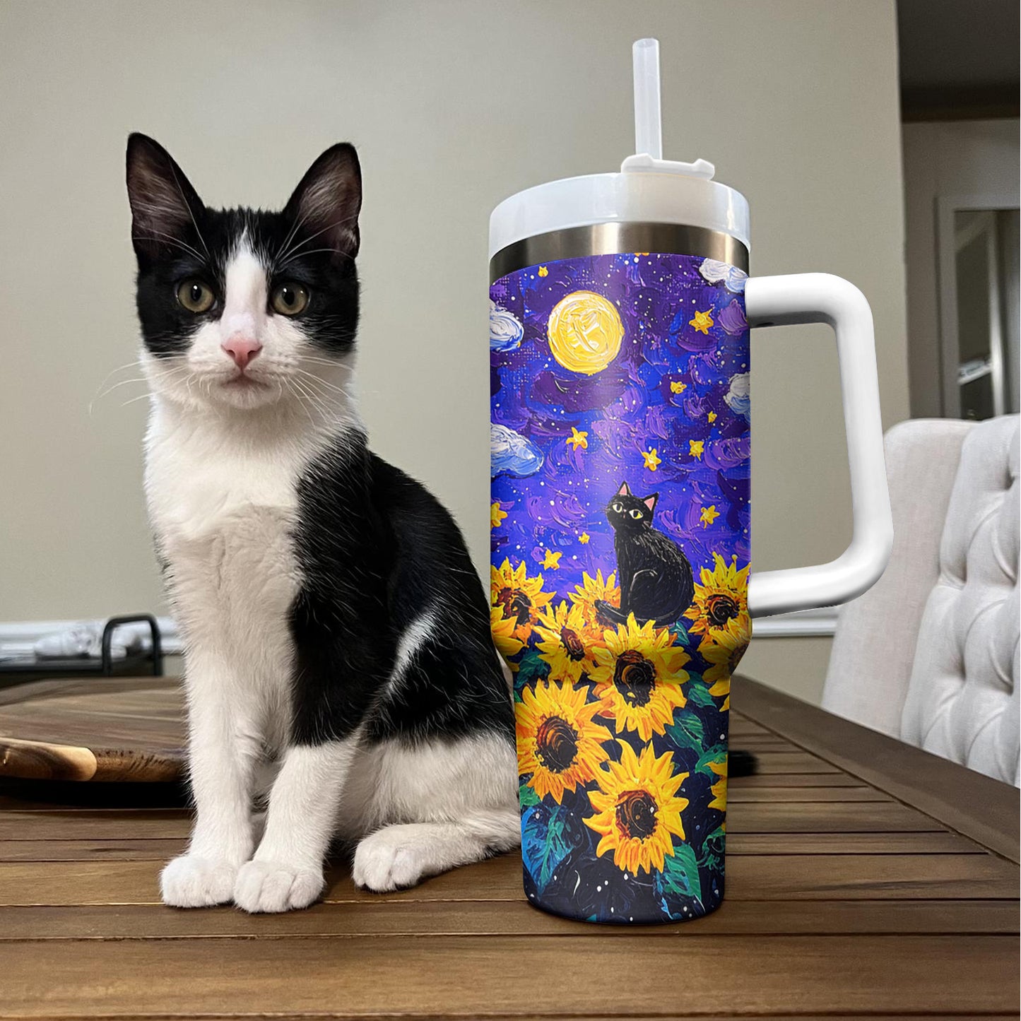 Shineful Tumbler Starry Cat With Sunflower