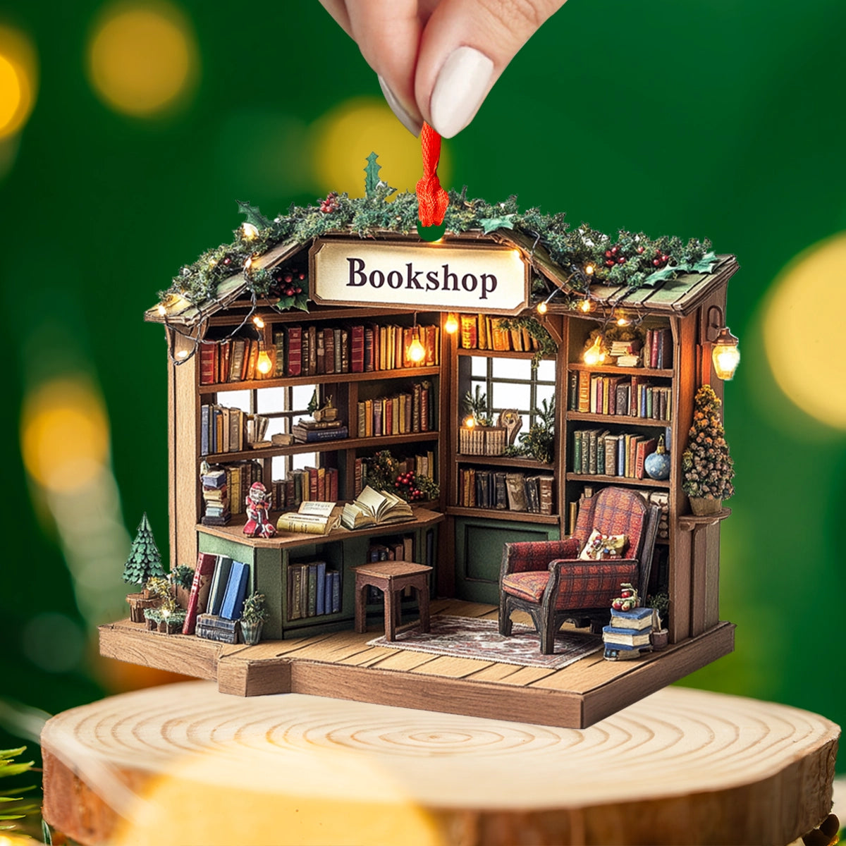 Shineful 2D Acrylic Ornament Cozy Christmas Bookshop Corner