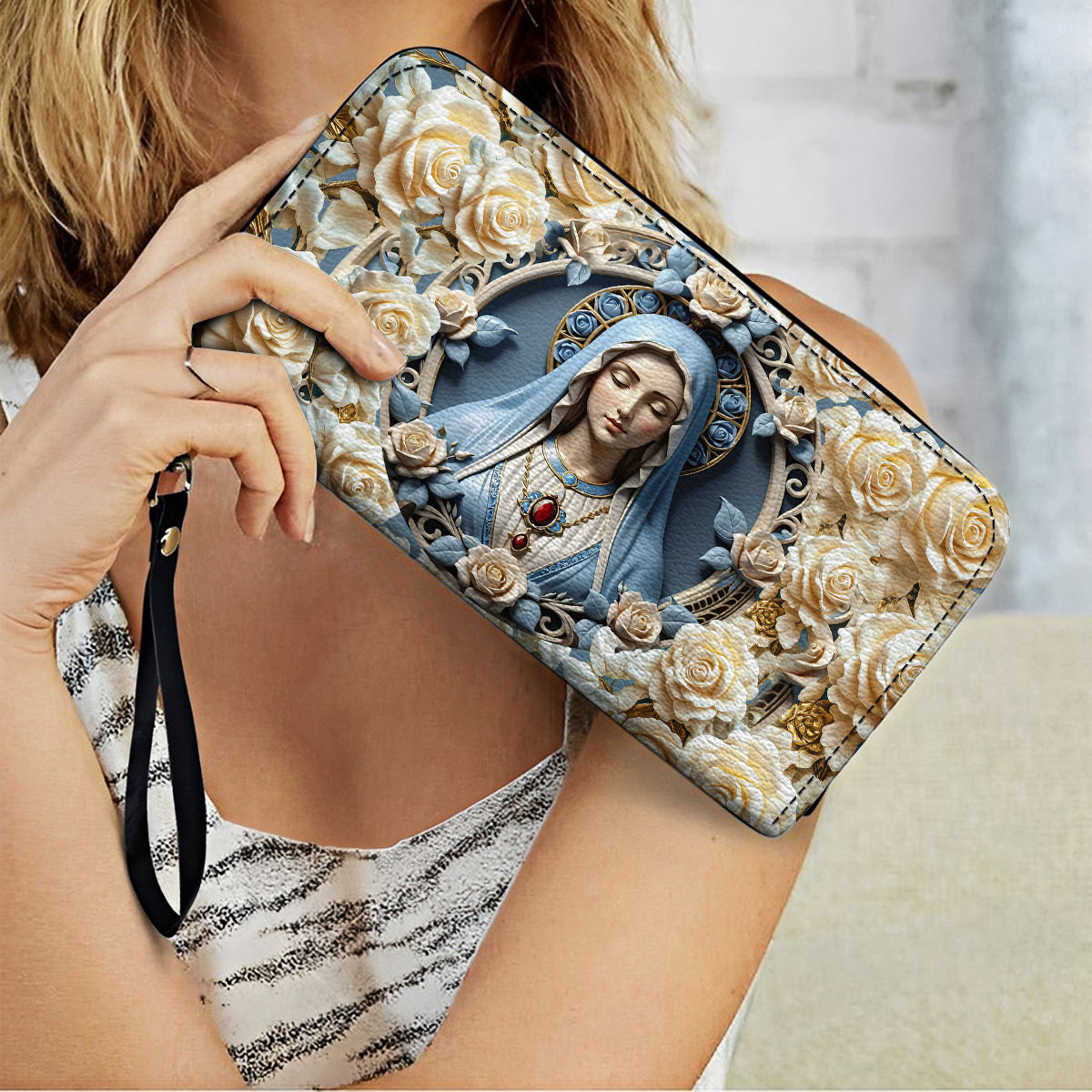 Shineful Leather Clutch Purse With Wristlet Strap Handle Blessed Virgin Mary