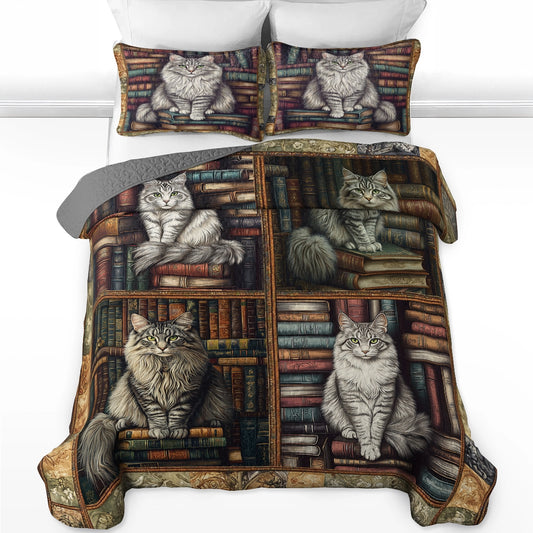 Ensemble de courtepointe toutes saisons Shineful 3 pièces - Purrfect Library Dreams