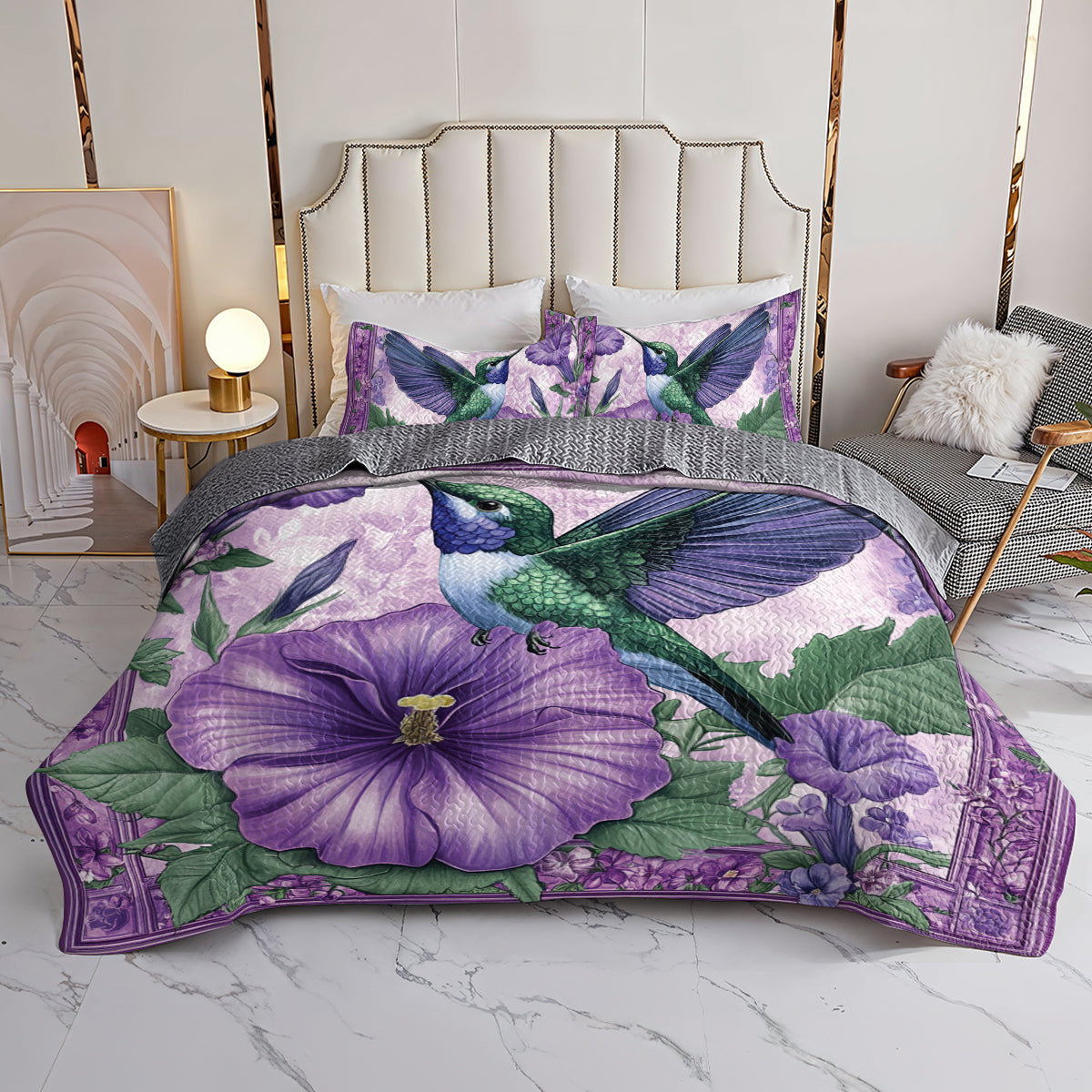 Shineful All Season Quilt 3-Piece Set Purple Hummingbird Harmony