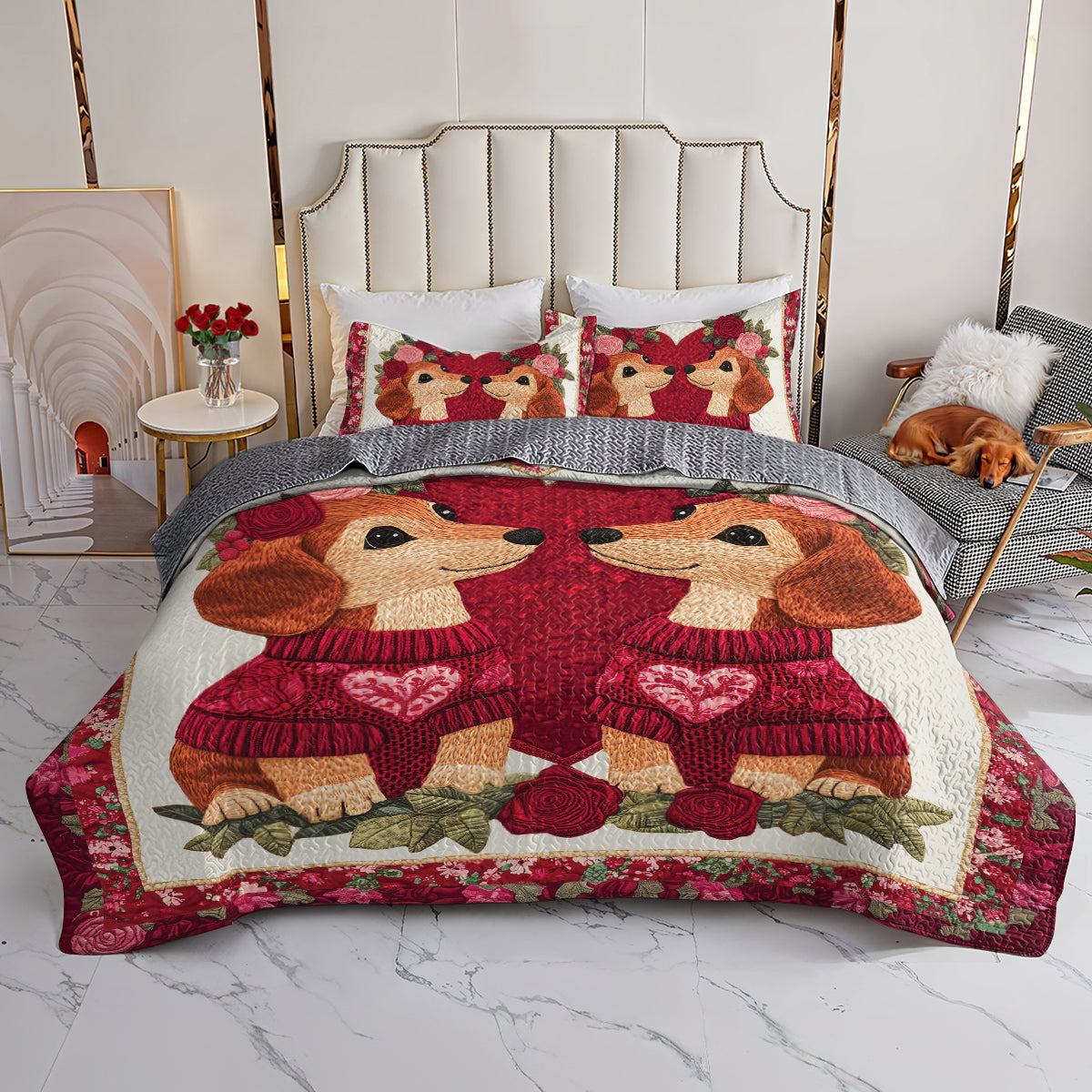 Shineful All Season Quilt 3-Piece Set Lovely Dachshund Couple