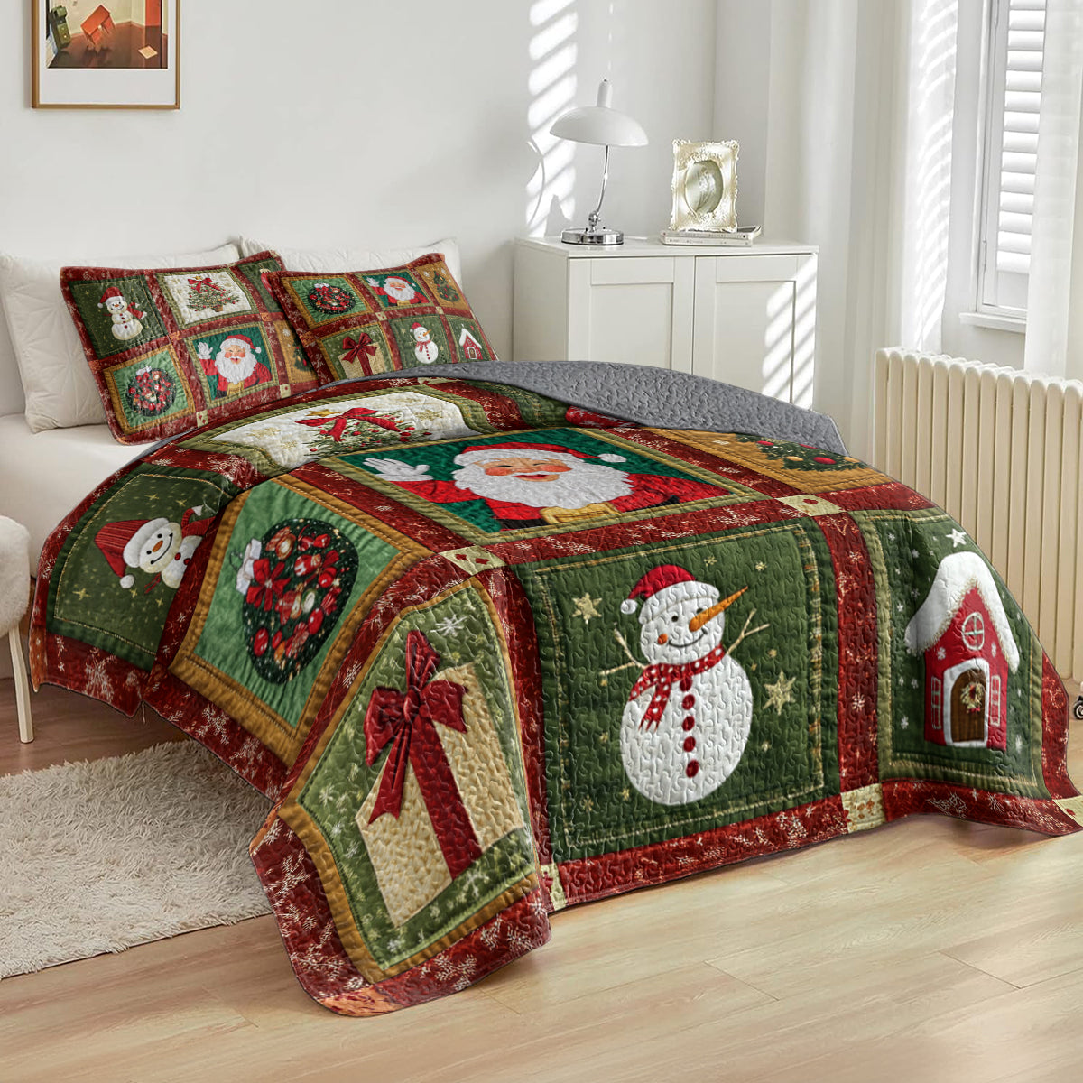 Shineful All Season Quilt 3-Piece Set Festive Santa & Snowman