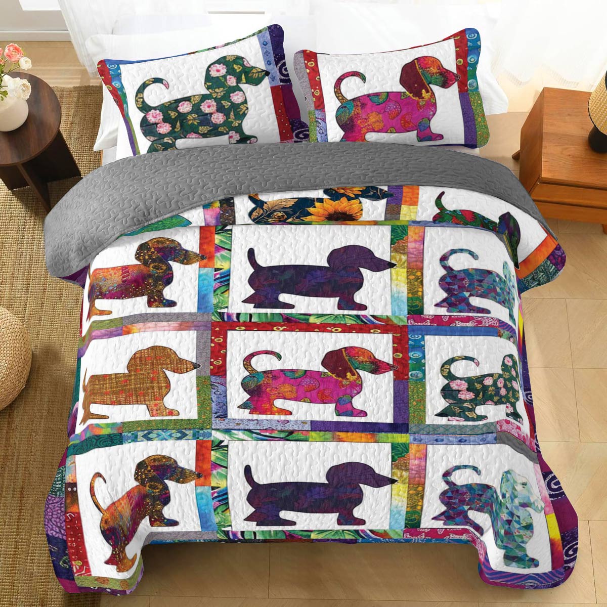 Shineful All Season Quilt 3-Piece Set Colorful Dachshunds