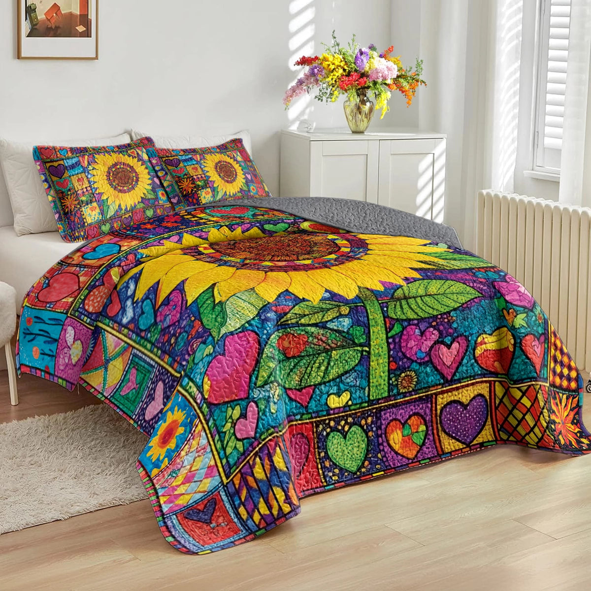 Shineful All Season Quilt 3-Piece Set Hippie Heart & Sunflower