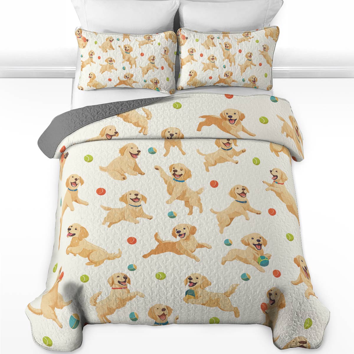 Ensemble de courtepointe toutes saisons Shineful 3 pièces - Golden Retriever Fetch &amp; Fun