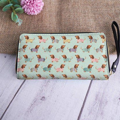 Shineful Leather Clutch Purse With Wristlet Strap Handle Colorful Dachshunds Ver2