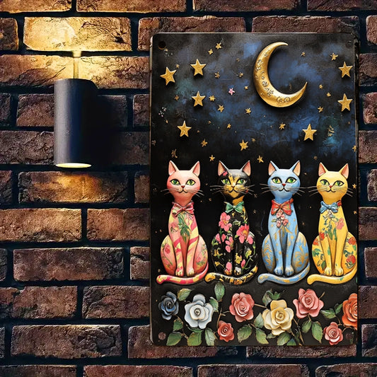 Glänzendes 2D Metallschild Cosmic Garden Cats