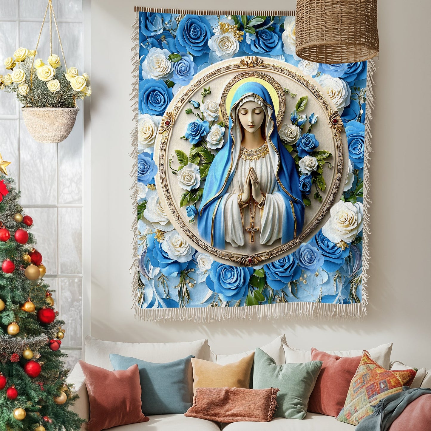 Shineful Woven Tapestry Throw Blanket - Peaceful Virgin Mary Roses