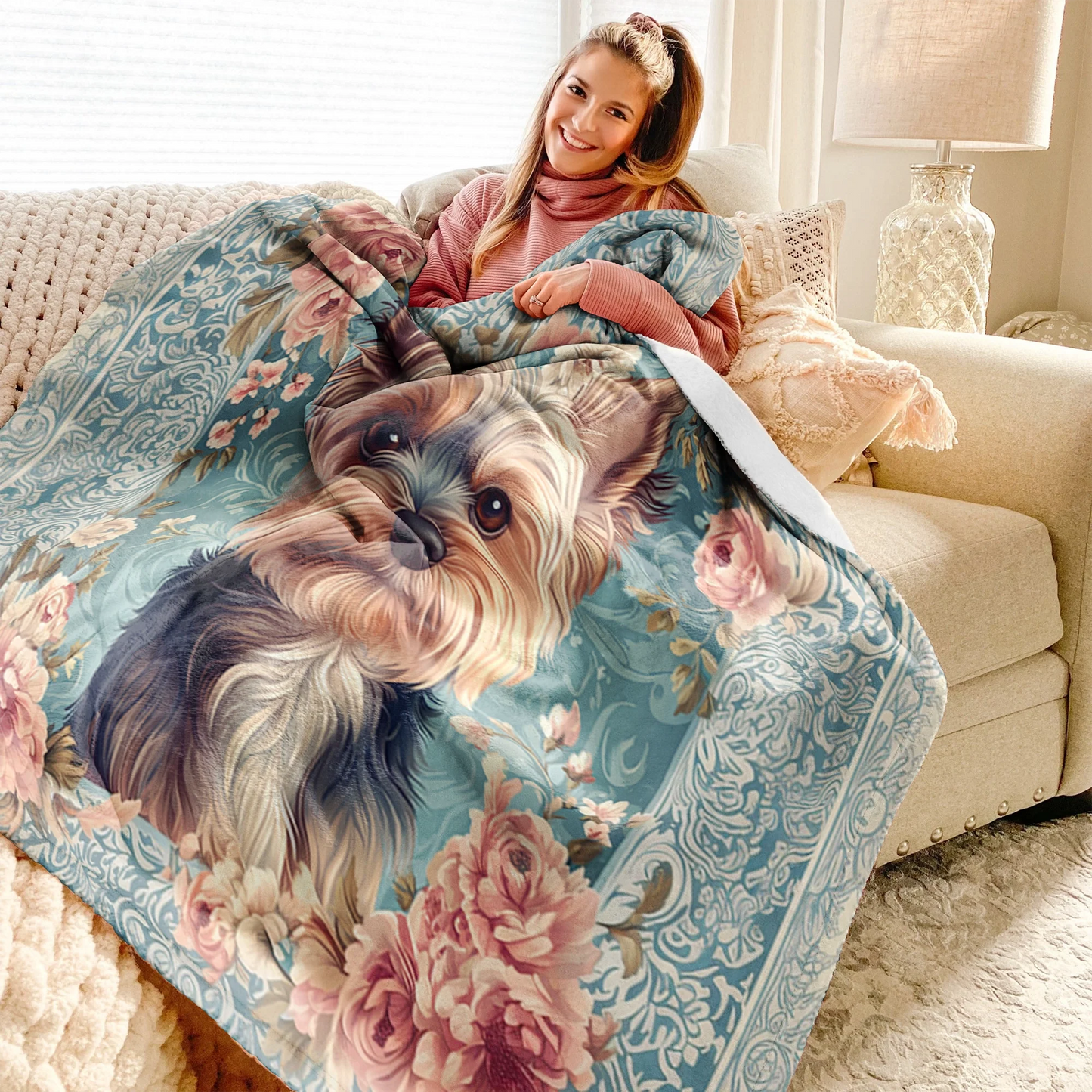 Shineful Fleece Blanket Yorkie Rose Bloom Elegance