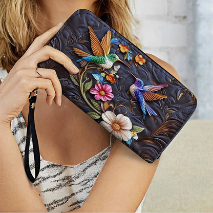 Shineful Leather Clutch Purse With Wristlet Strap Handle Hummingbird Dream