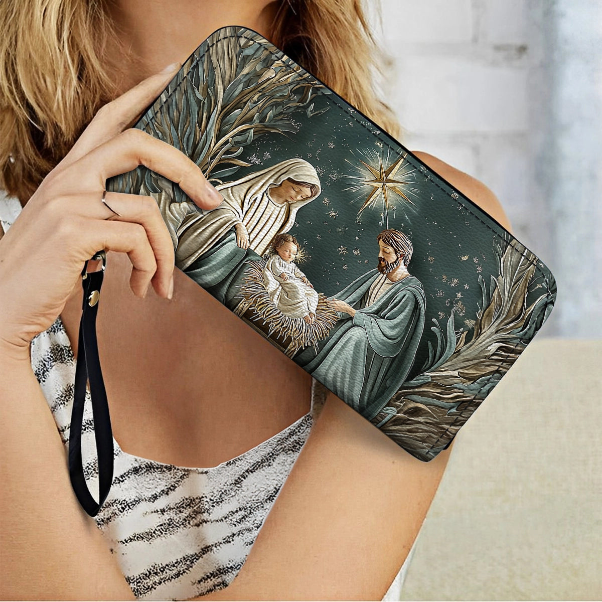 Glänzende Clutch aus Leder mit Trageriemen, Divine Silent Night Nativity