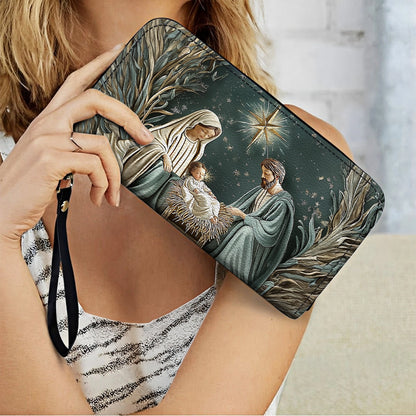 Shineful Leather Clutch Purse With Wristlet Strap Handle Divine Silent Night Nativity