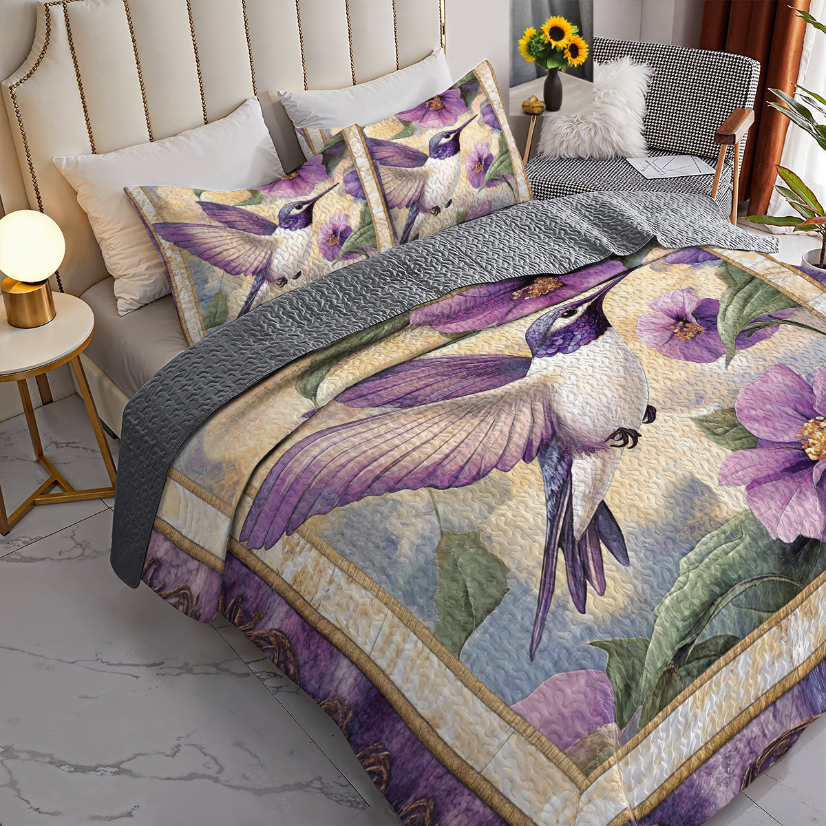 Shineful All Season Quilt 3-Piece Set Purple Hummingbird Dream