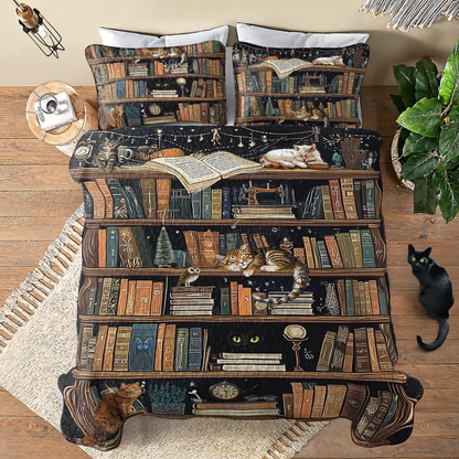 Shineful All Season Quilt 3-Piece Set Purrfect Book Lover Bookshelf