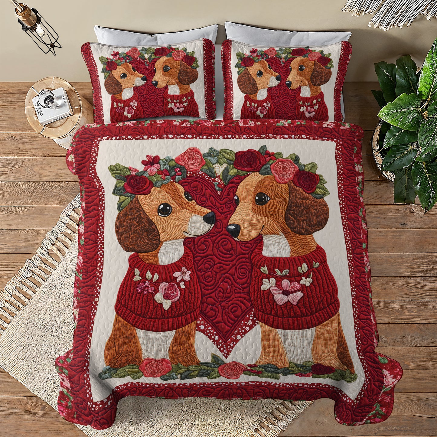 Shineful All Season Quilt 3-Piece Set Red Roses Dachshund Couple