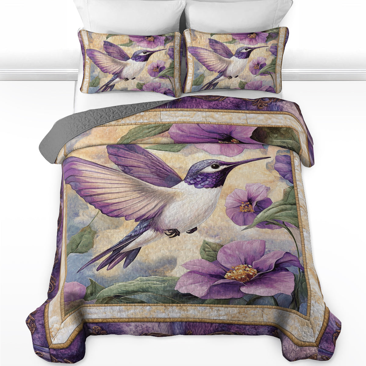 Shineful All Season Quilt 3-Piece Set Purple Hummingbird Dream