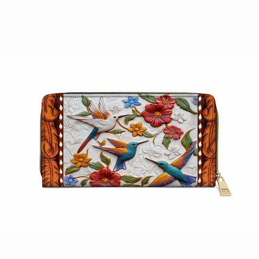 Shineful Leather Clutch Purse With Wristlet Strap Handle Hummingbird Blossom Flight