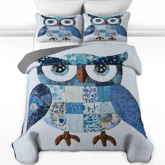 Ensemble de courtepointe toutes saisons Shineful 3 pièces - Hibou bleu serein 