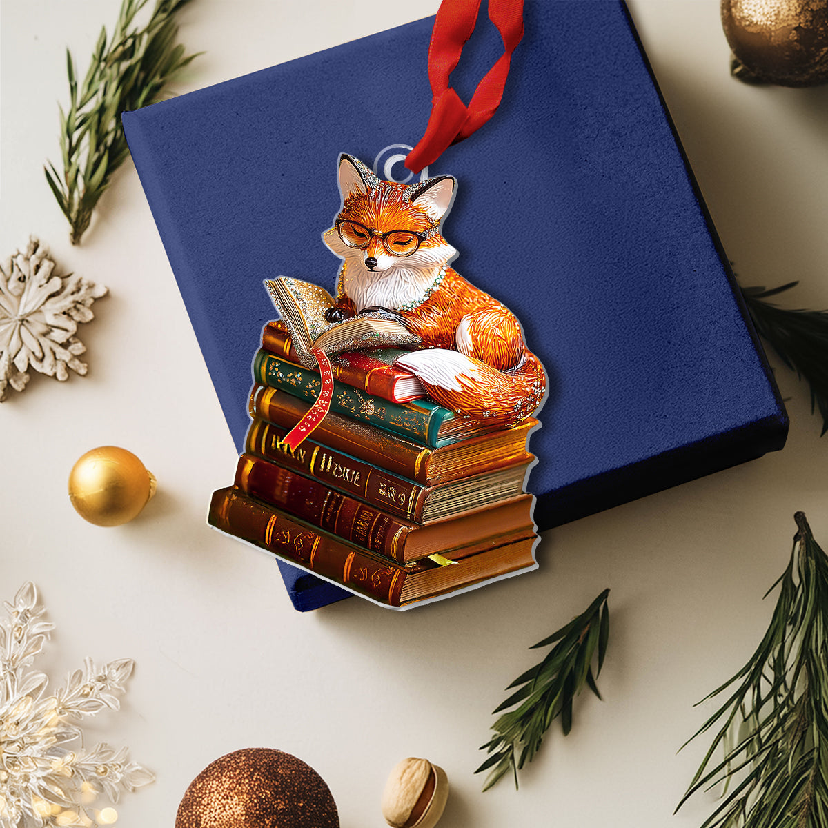 Shineful 2D Acrylic Ornament Fox With Stack of Books