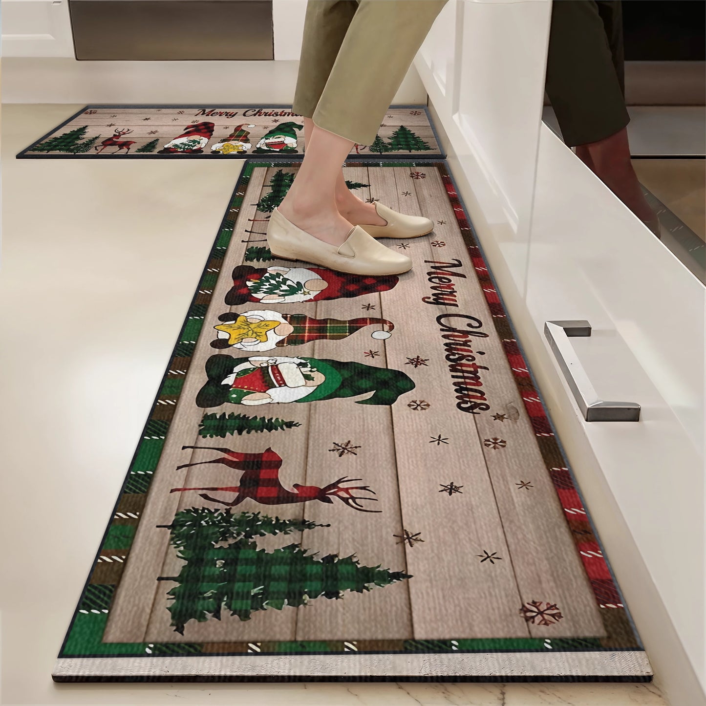 Shineful Ultra-Thin Non Skid Floor Mat, Kitchen Rugs Festive Gnome & Reindeer