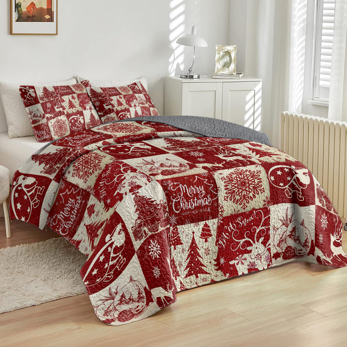 Shineful All Season Quilt 3-Piece Set Red Merry Christmas