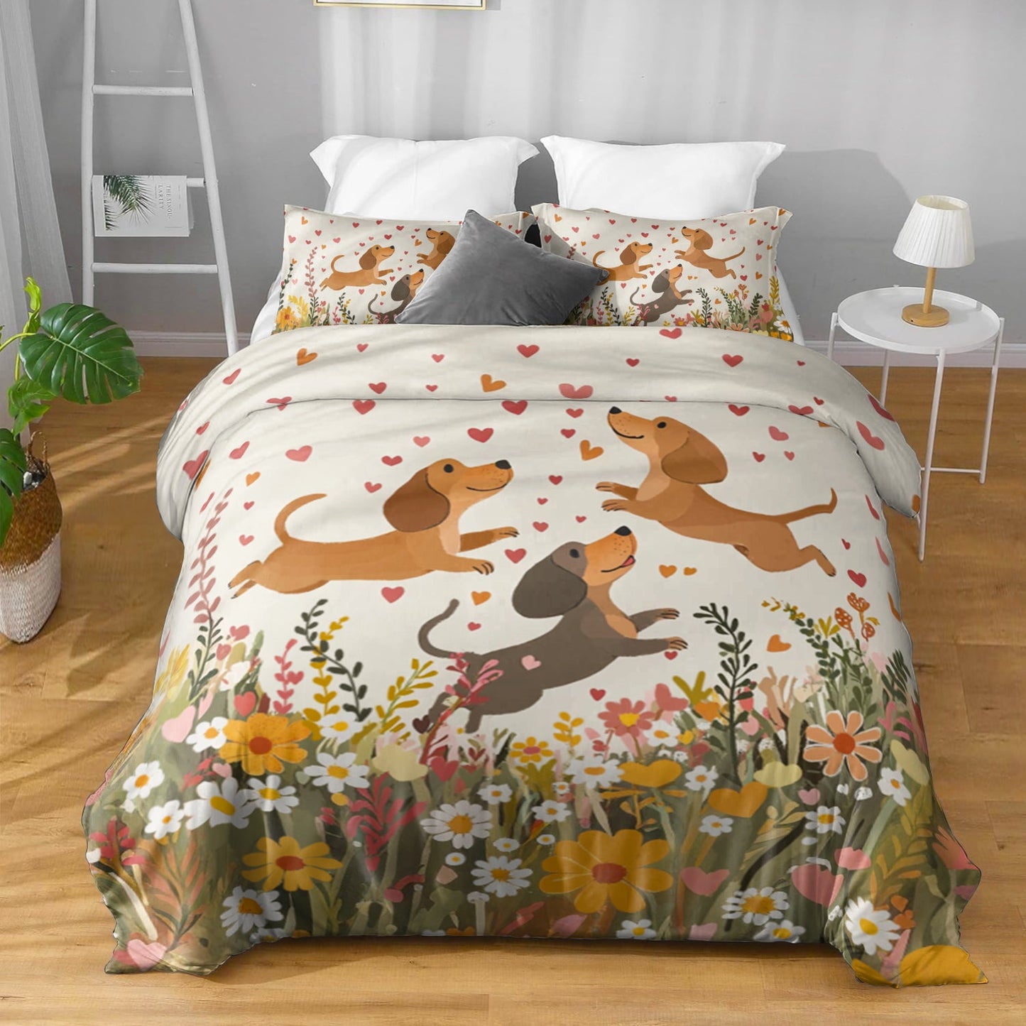 Shineful 3 Pieces Duvet Cover Set - Floral Dachshund With Heart