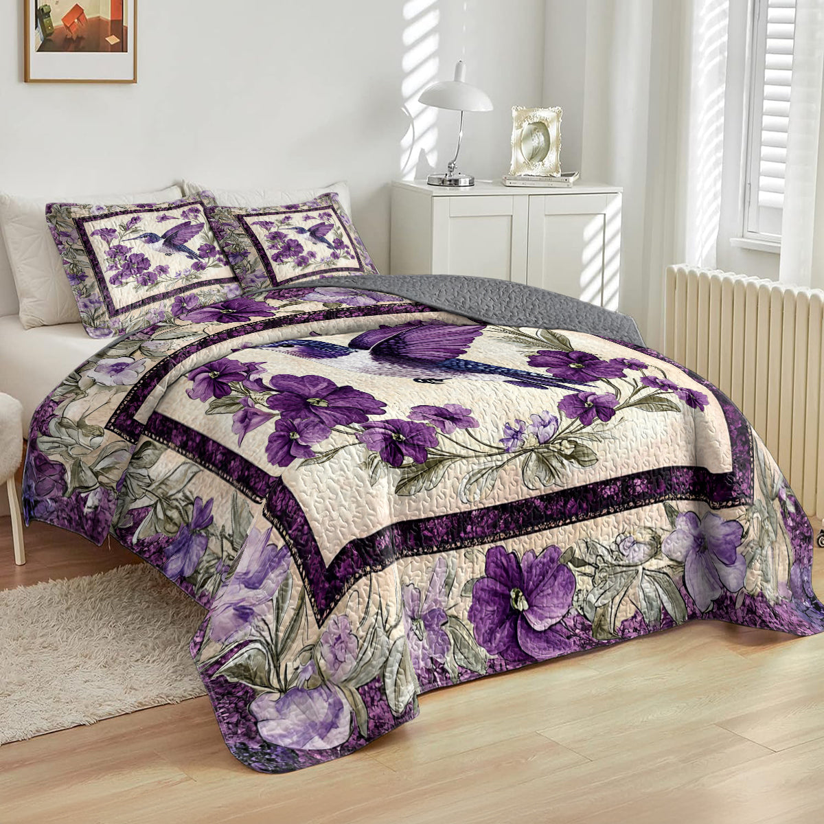 Shineful All Season Quilt 3-Piece Set Gorgeous Purple Hummingbird