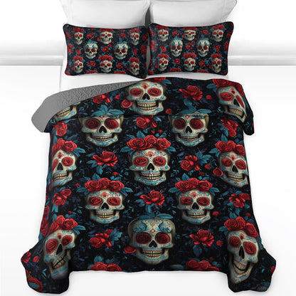 Shineful All Season Quilt 3-Piece Set - Sugar Skull & Roses Noir