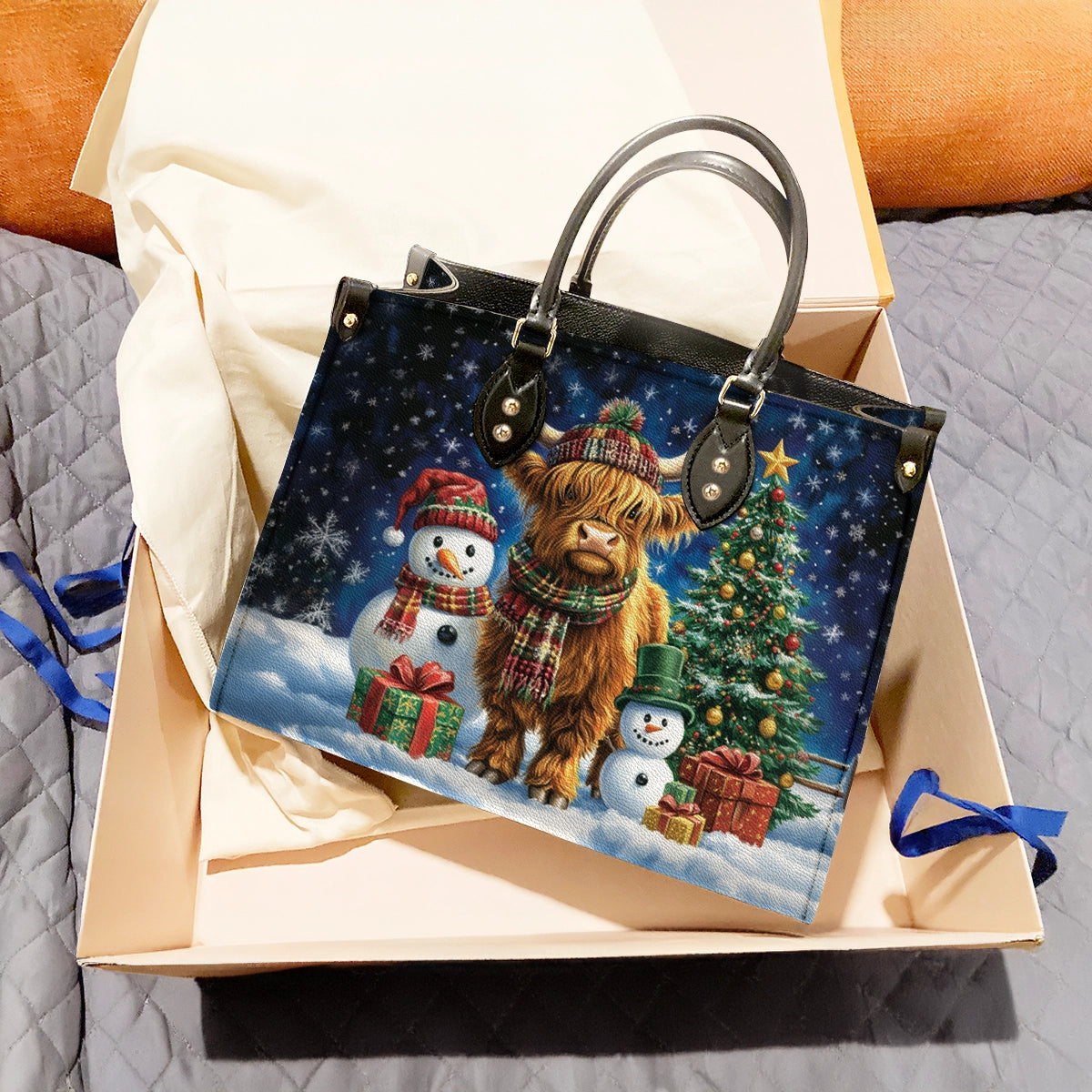 Shineful Leather Bag Highland Cow Festive Winter Magic