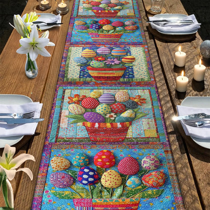 Shineful 2D Flat Print Quilted Table Runner Vibrant Easter Eggs Basket