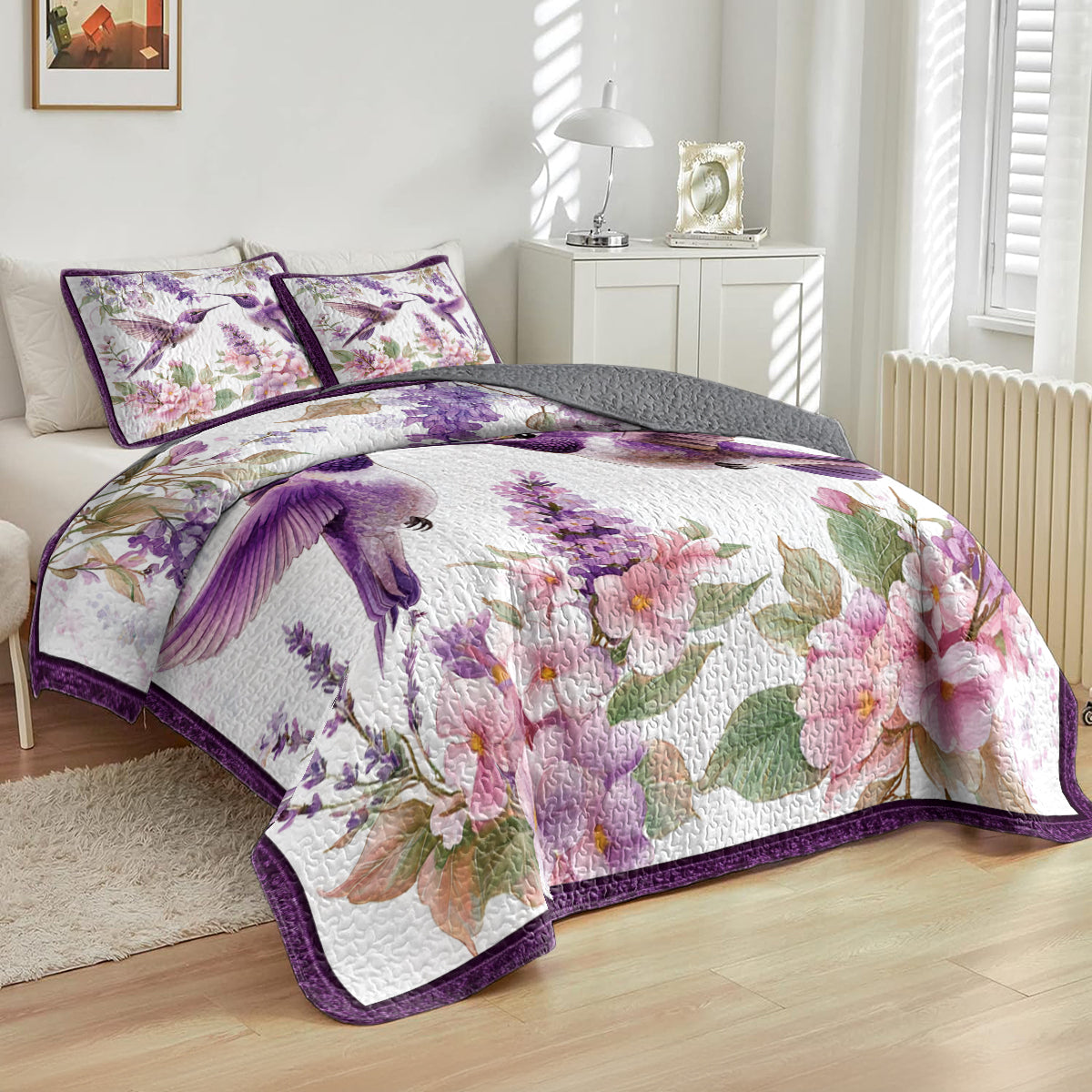 Shineful All Season Quilt 3-Piece Set Hummingbird And Lavender