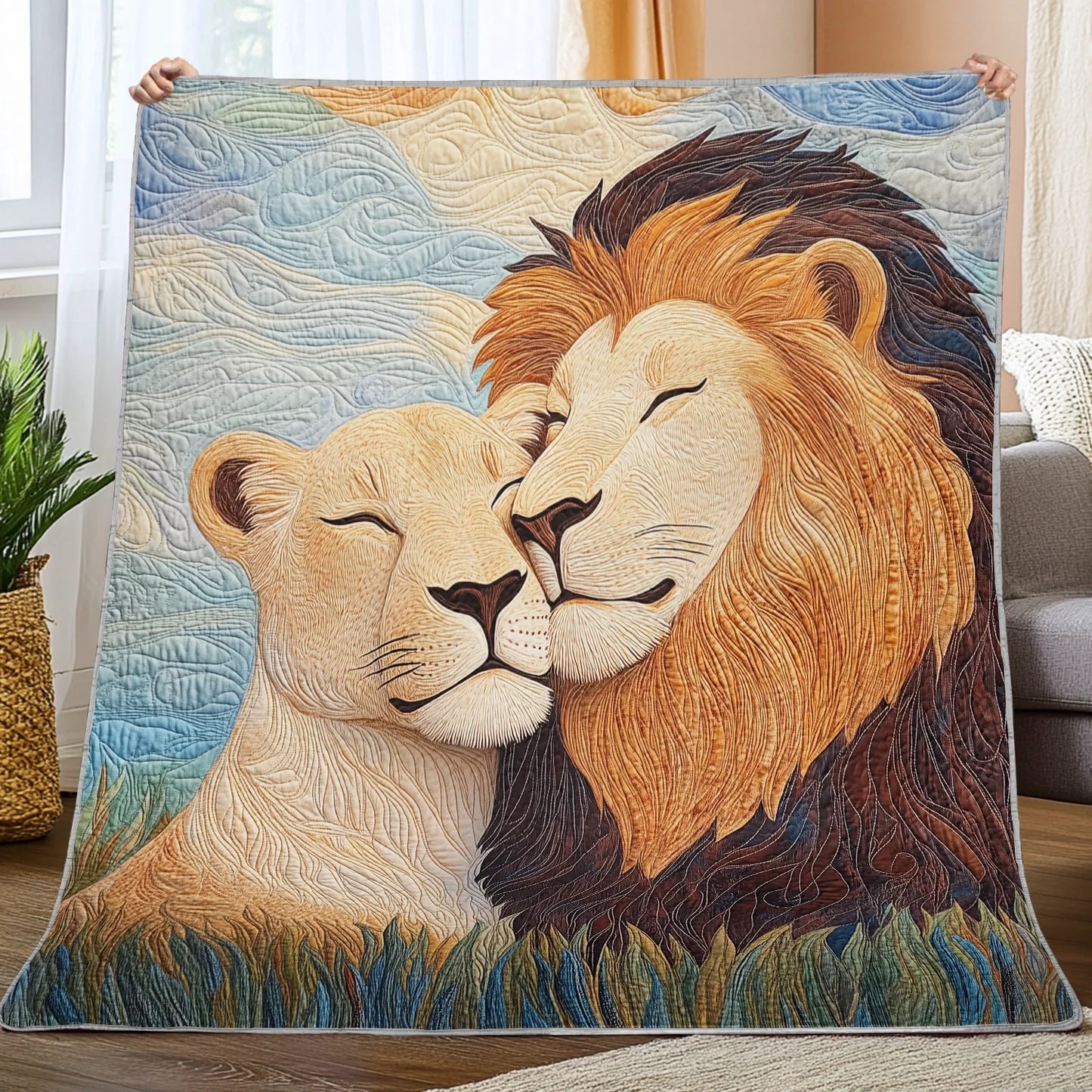 Shineful Flat Print Faux Quilt Blanket - Loving Lions Embraced in Serengeti Serenity