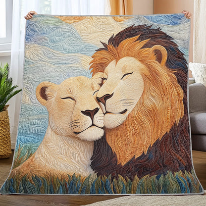 Shineful Flat Print Faux Quilt Blanket - Loving Lions Embraced in Serengeti Serenity