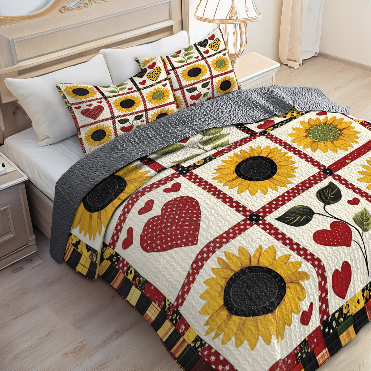 Shineful All Season Quilt 3-teiliges Set Herz Sonnenblumengarten 